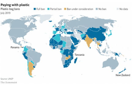 Mapa wykorzystania plastikowych reklamówek. Źródło The Economist, www.economist.com/graphic-detail/2019/07/24/ever-more-countries-are-banning-plastic-bags