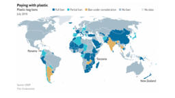 Mapa wykorzystania plastikowych reklamówek. Źródło The Economist, www.economist.com/graphic-detail/2019/07/24/ever-more-countries-are-banning-plastic-bags